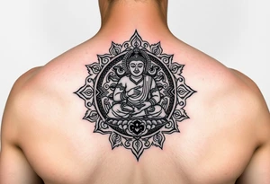 "Tibetan thangka tattoo. Geometric patterns, black/red ink." tattoo idea