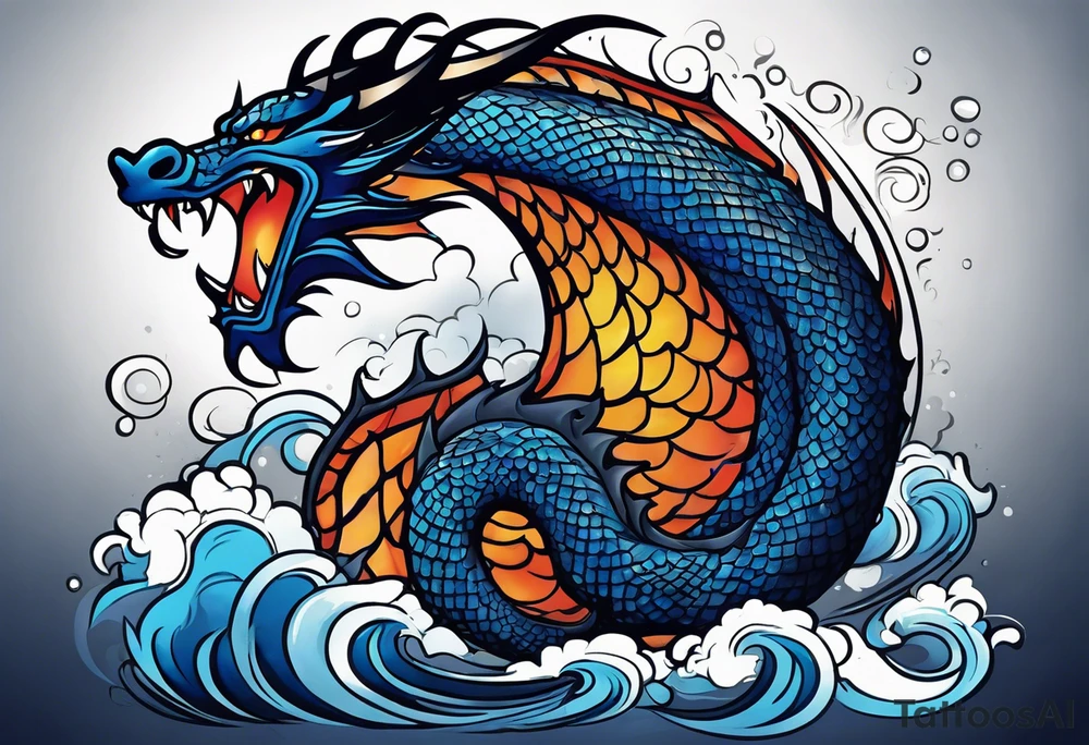 An epic with no wings, floating. Its long body coiling dynamically, with scales and horns detailed to create a sense of movement and strength. The dragon's main color is midnight blue, giving a vibrant depth and a mystical aura. This tattoo highlights the dragon’s fierce expression and sharp claws. tattoo idea