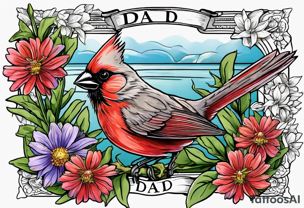 Aster flowers - sea rocket flowers with a cardinal around the words Dad tattoo idea