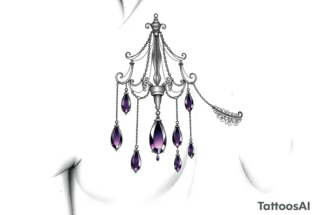 The chandelier sits slightly off-center on the shoulder cap. Multiple jewel chains (teardrop, oval, crystal shapes) drape toward the upper arm and collarbone. Each gem is shaded in deep purples. Small ornamental metalwork wraps around the shoulder like armor. Wax drips subtly down the arm. tattoo idea