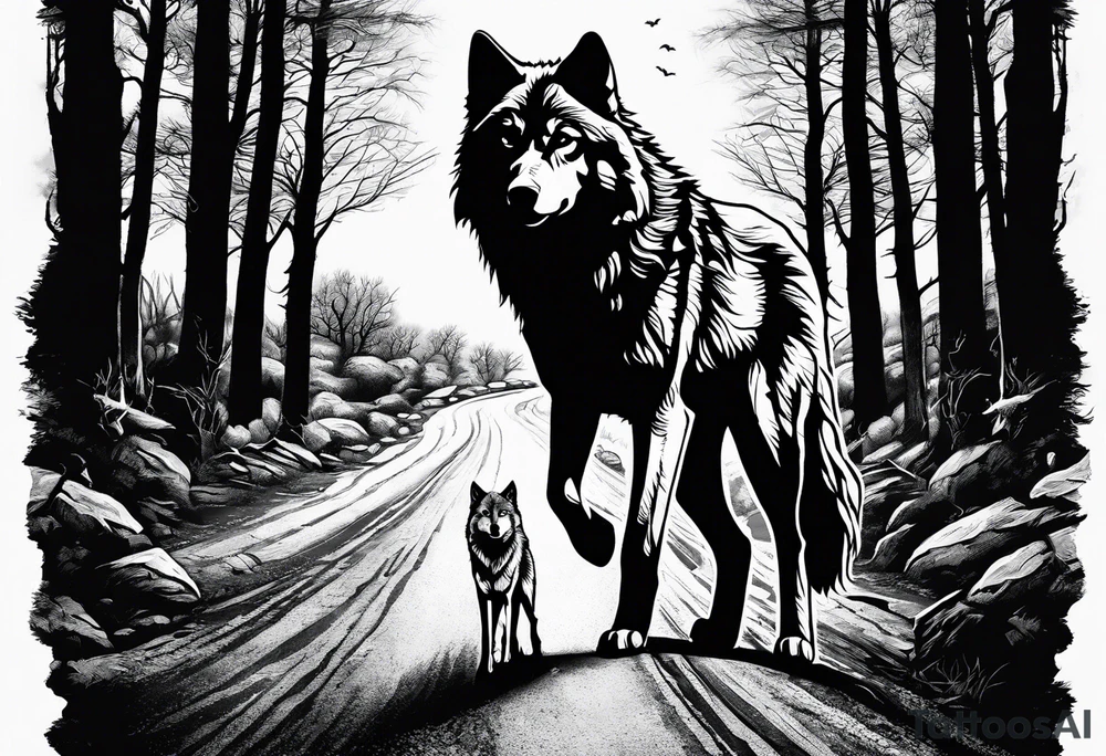 Lone wolf on a path or road. A pack of wolfs on the opposite end of road. tattoo idea