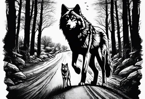Lone wolf on a path or road. A pack of wolfs on the opposite end of road. tattoo idea