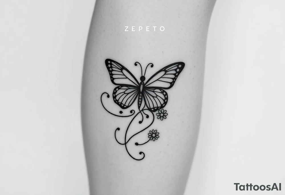 swirl pattern with butterfly and daisy leg tattoo design drawon on leg. i want to sell this in zepeto tattoo idea