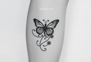 swirl pattern with butterfly and daisy leg tattoo design drawon on leg. i want to sell this in zepeto tattoo idea