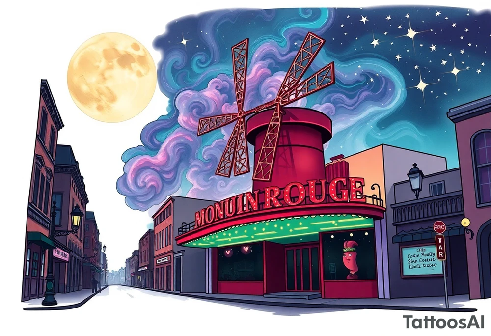 Tim Burton’s moulin Rouge from outside view is the street abandoned and dripping with muted reds, dusty pinks, and eerie green glow purple and cyan smokey clouds swirl and dance in the moonlit night sky filled with twinkling stars  tattoo idea tattoo idea