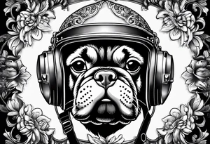 casque pompier, bouledogue français date et heure de naissance, rose, moto,  sur le bras complet tattoo idea