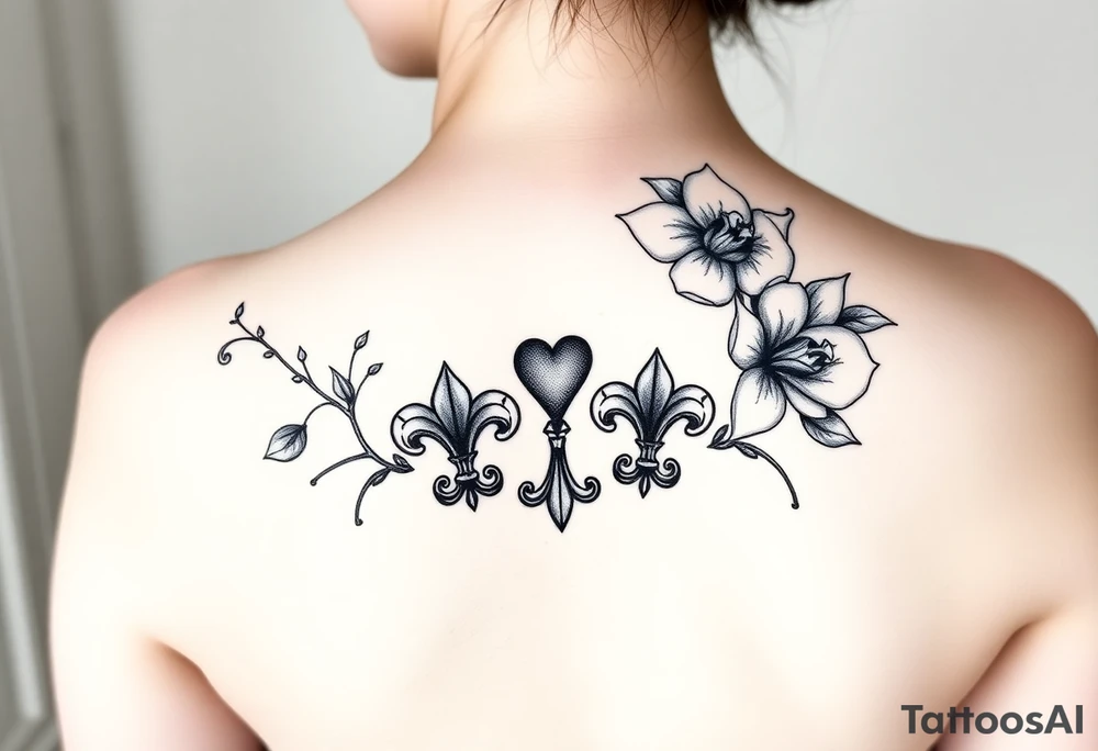 6 of hearts card with fleur de lis as the hearts and magnolias in the background tattoo idea