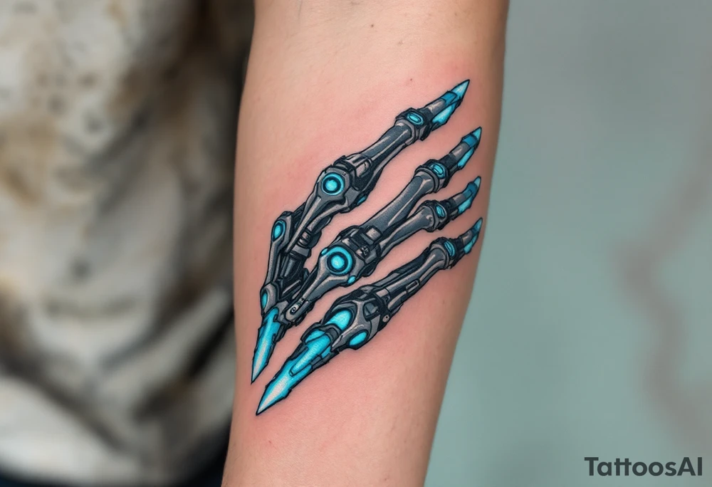 A mechanical forearm revealing graphite-colored artificial tendons under realistic shaded skin, accented with electric-blue joints. tattoo idea