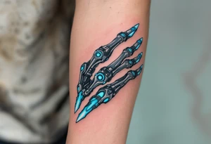A mechanical forearm revealing graphite-colored artificial tendons under realistic shaded skin, accented with electric-blue joints. tattoo idea