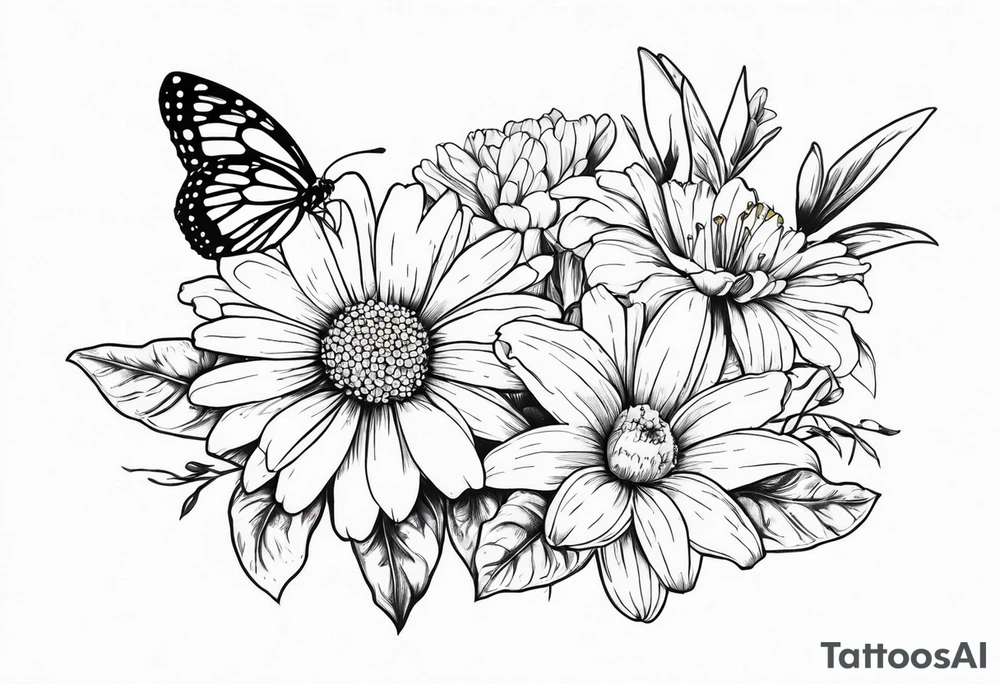 Daisy, marigold and lily flowers with a butterfly tattoo idea