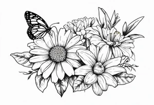 Daisy, marigold and lily flowers with a butterfly tattoo idea