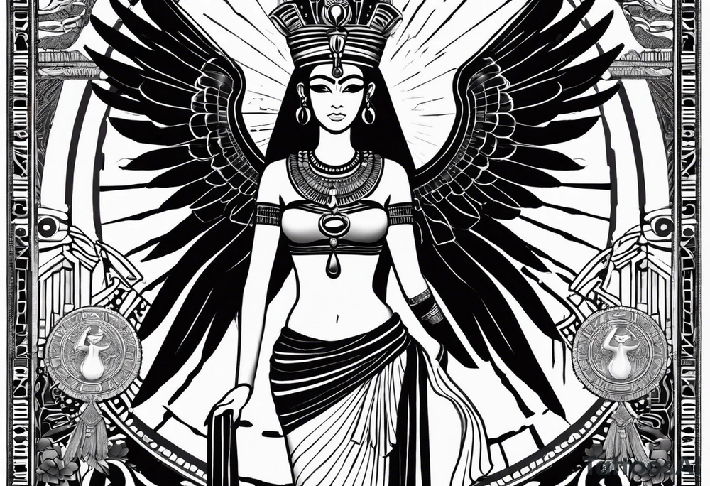 black and white Egyptian goddess Isis, who is often depicted as a woman with outstretched wings, holding an ankh (a symbol of life) in one hand and a lotus flower in the other. Her headdress often includes a throne or a solar disk. The tattoo design can vary in style and size, but it typically aims to capture the essence of this revered Egyptian deity, emphasizing her beauty, power, and maternal qualities. The choice of colors and additional elements can also be customized to create a unique and visually striking representation of the goddess Isis tattoo idea