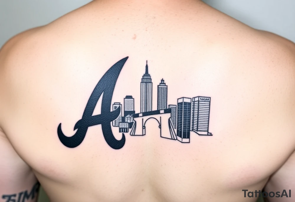 Atlanta Braves letter logo “A” overlapping the Atlanta skyline in the back on the middle. The buildings are concise and jam packed parallel to the logo. tattoo idea