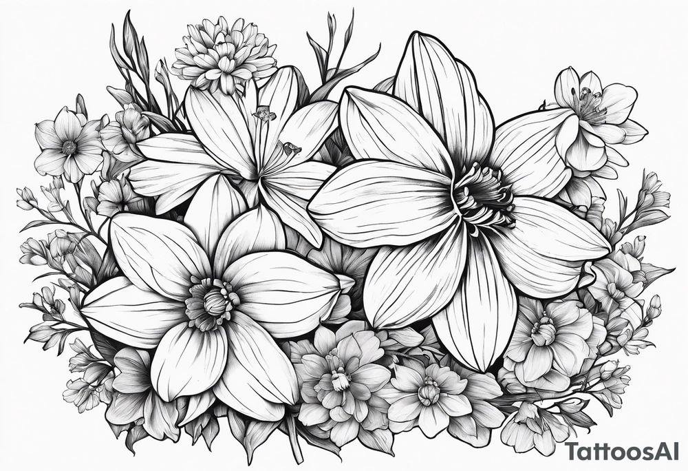 Narcissus, CHRYSANTHEMUM, COSMOS, SNOW DROP tattoo idea