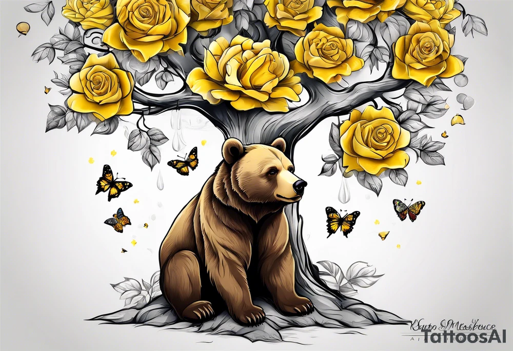 Bear under the tree of life with yellow roses and three butterflies for an upper arm tattoo. tattoo idea