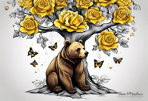 Bear under the tree of life with yellow roses and three butterflies for an upper arm tattoo. tattoo idea