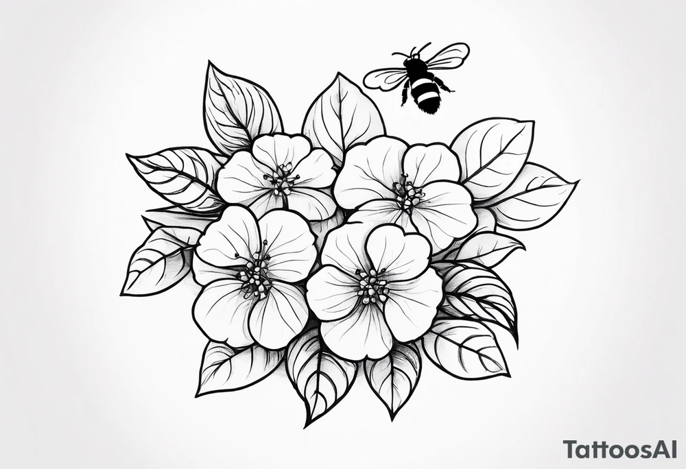 Small tattoo. There’s a hydrangea and a bee but they are not touching. Make the bee smaller than the hydrangea and have the bee off to the side. Bee is smaller than the hydrangea tattoo idea