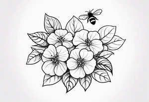 Small tattoo. There’s a hydrangea and a bee but they are not touching. Make the bee smaller than the hydrangea and have the bee off to the side. Bee is smaller than the hydrangea tattoo idea
