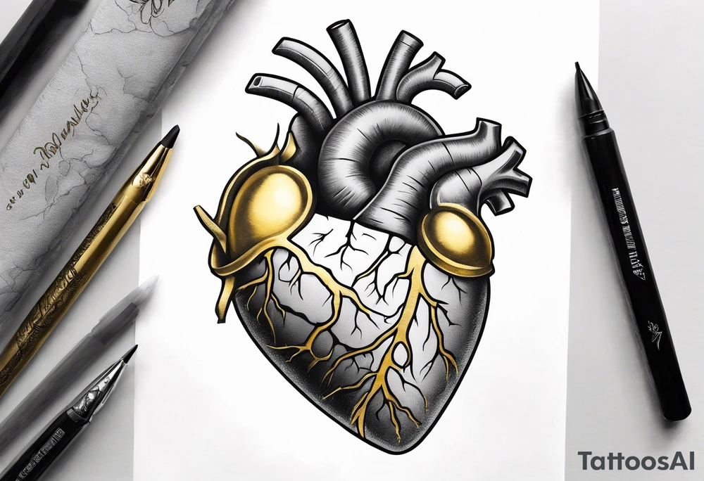 Grey anatomical heart with gold sealed cracks tattoo idea Grey anatomical heart with gold sealed cracks tattoo idea