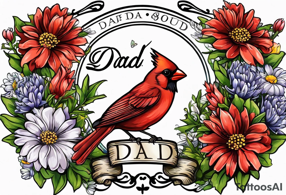 Aster flowers and sea rocket flowers with a cardinal around the words Dad tattoo idea