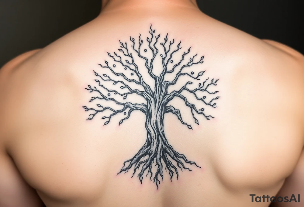 mystical tree of life with cosmic roots and celestial branches tattoo idea