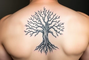 mystical tree of life with cosmic roots and celestial branches tattoo idea