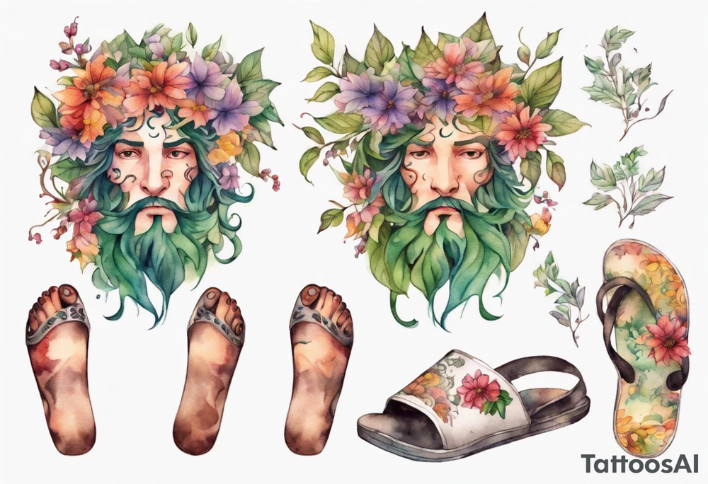 Dionysus covered in flowers and leaves wearing floral slippers tattoo idea