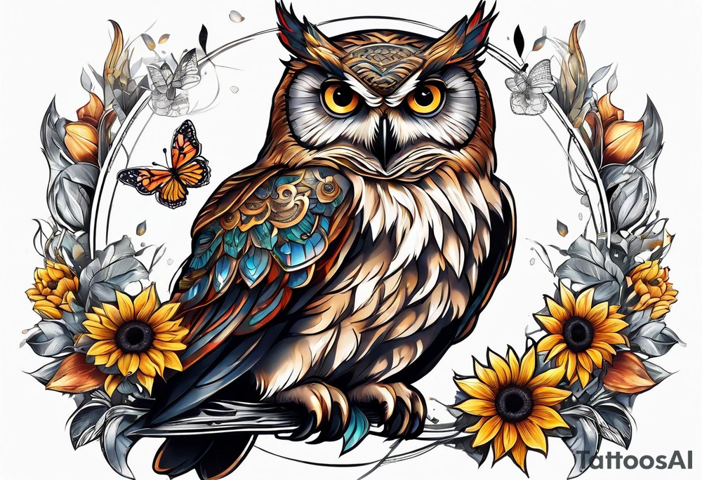 Sleeve with an owl, sunflower and butterfly tattoo idea