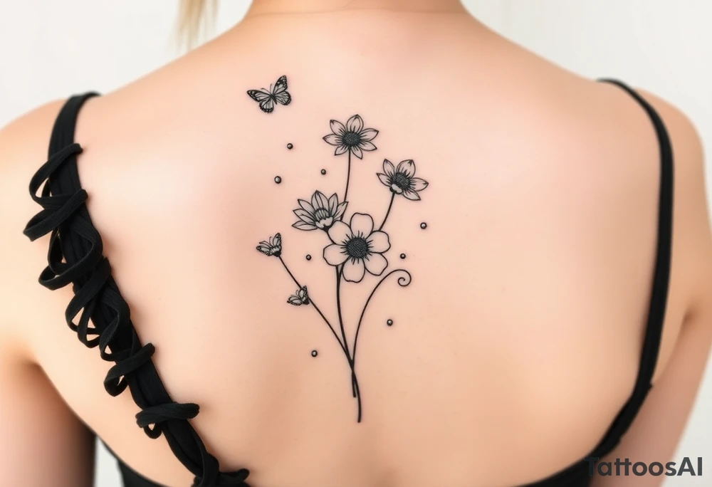 4 flowers vertical with small butterflies and swirls tattoo idea