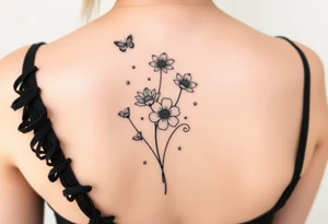 4 flowers vertical with small butterflies and swirls tattoo idea