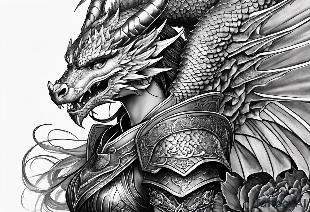 beautiful warrior woman wearing dragon armor and a dragon flying tattoo idea