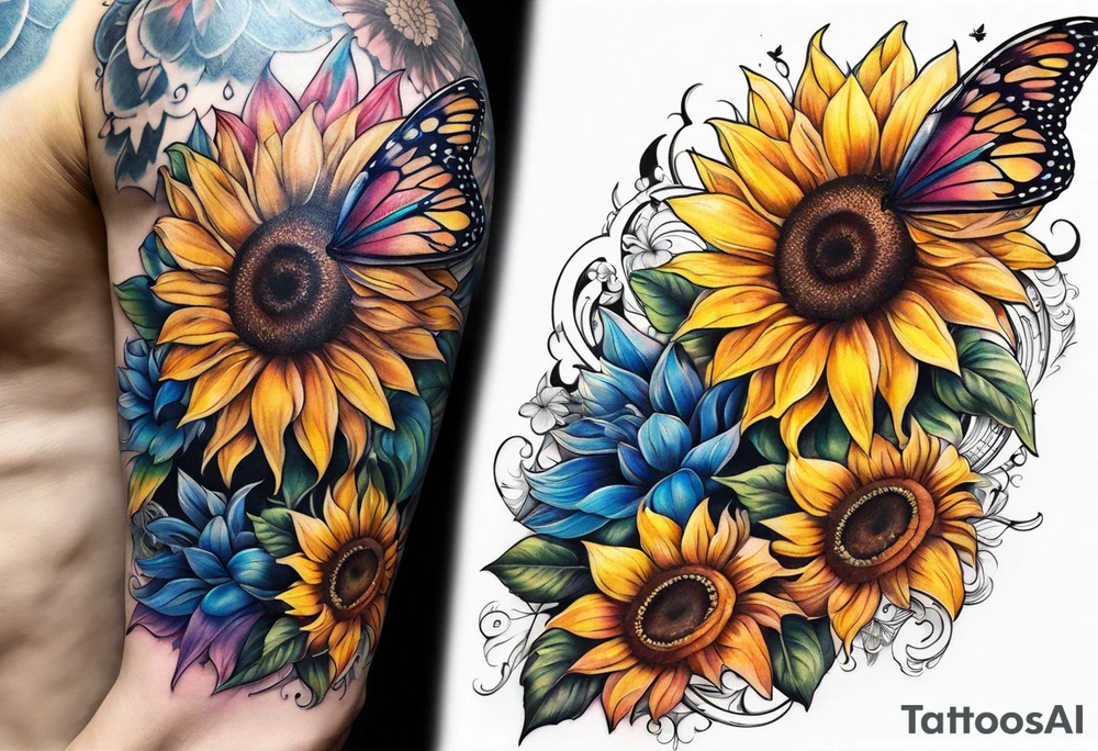 arm sleeve with winged cross, rainbow sunflowers and butterflies tattoo idea