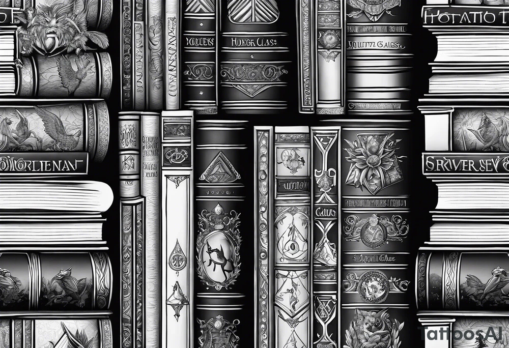 Stacked books with Harry Potter, twilight, hunger games, throne of glass and zodiac academy tattoo idea