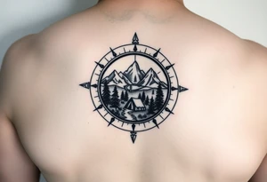 Open compass, bottom half with mountains, trees, stream, and tent. The S of the compass should be a fishing lure tattoo idea