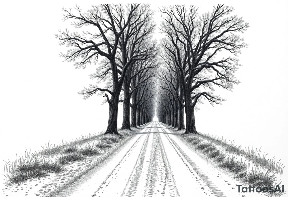 Tree-lined dirt road. Road is rough, little shoulder. Deciduous trees arch across it, meeting in the middle. 

Road should be rougher, more rural. Branches start lower. The trees in the foreground should be bigger — perspective has road getting smaller. 

Make the trees leafier. Branches begin lower on the trunk. 

Much leafier trees. Summer. Can’t see much behind the trees 

Make the trees oak. More leaves tattoo idea