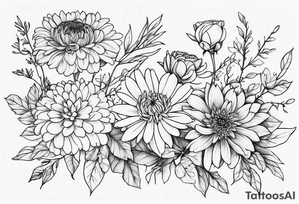 Asters, roses, hawthorns, and chrysanthemums in a long line tattoo idea