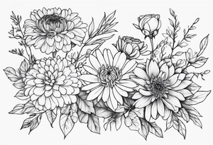 Asters, roses, hawthorns, and chrysanthemums in a long line tattoo idea