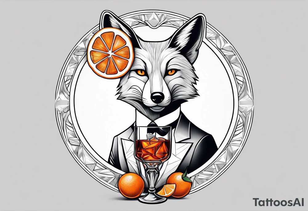 Adult male silver fox holding a Negroni in a lowball crystal glass with an orange peel looking forward tattoo idea