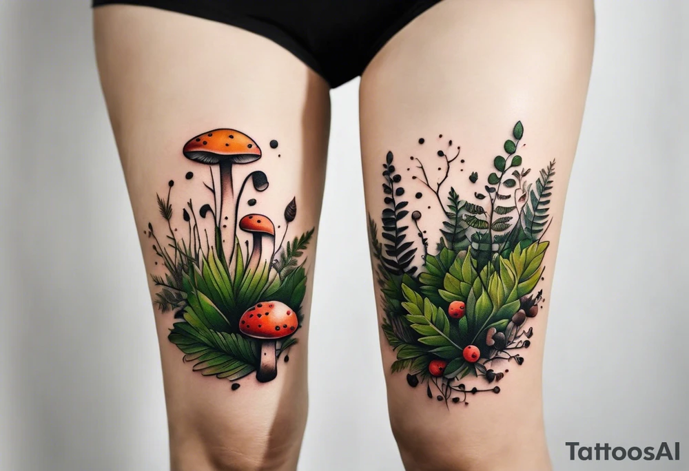 minimalistic forest floor inspired tattoo, which includes grass, moss, curly ferns and dead leaves as the bulk of the tattoo. details to include: forest berries, couple of very small brown mushrooms, a tiny bumblebee flying nearby tattoo idea