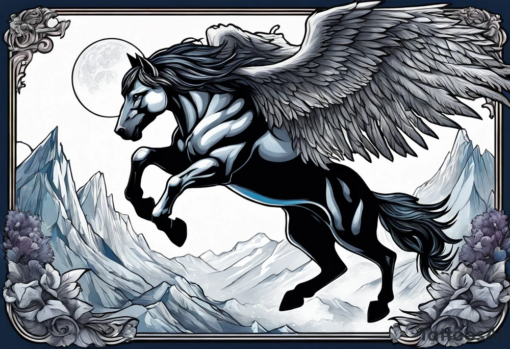 Muscular werewolf and Pegasus fighting in the night tattoo idea