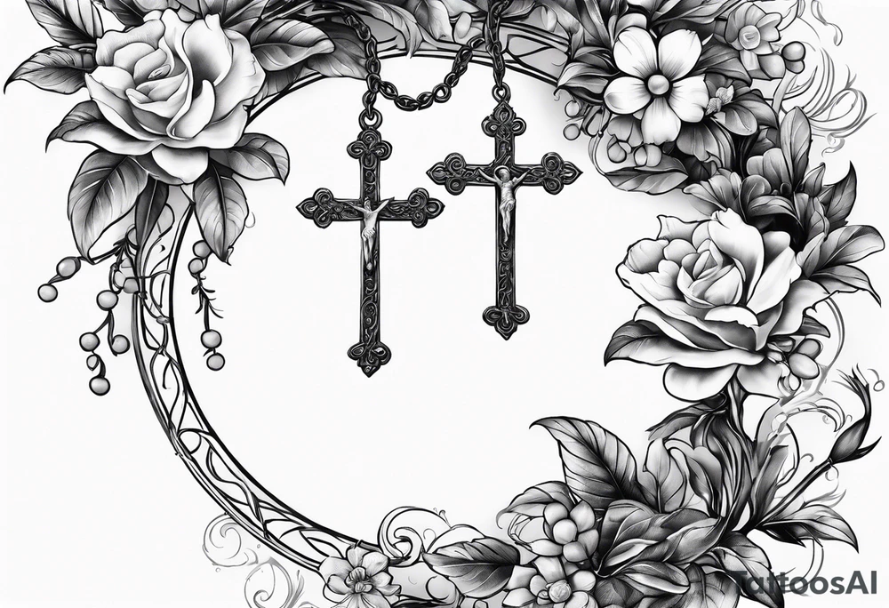 rosary with floral vines wrapped around it with loving memory 1918-2006 tattoo idea