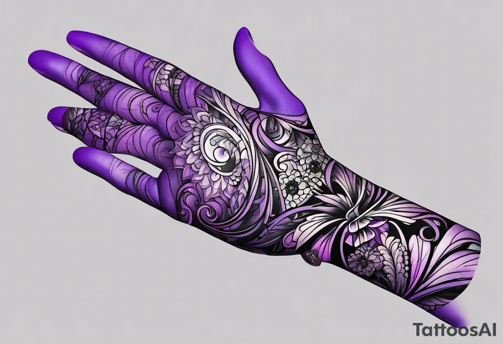 lines around wrist, abstract, black and purple, covered from wrist to forearm, fully covered, no borders, blackwork, no faces tattoo idea