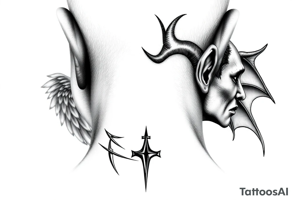 position behind the neck Angel (on the right) whispering in the right ear, demon (on the left) whispering in the left ear. It must be as realistic as possible. tattoo idea