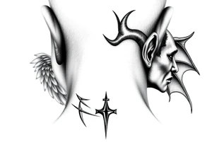 position behind the neck Angel (on the right) whispering in the right ear, demon (on the left) whispering in the left ear. It must be as realistic as possible. tattoo idea
