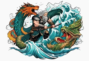 Thor getting eaten by the world serpent in the ocean tattoo idea