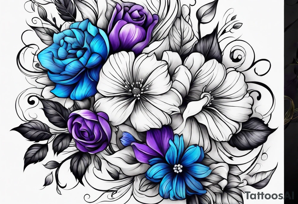 Blue yellow and purple flowers arm sleeve tattoo idea