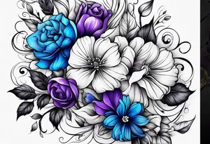 Blue yellow and purple flowers arm sleeve tattoo idea