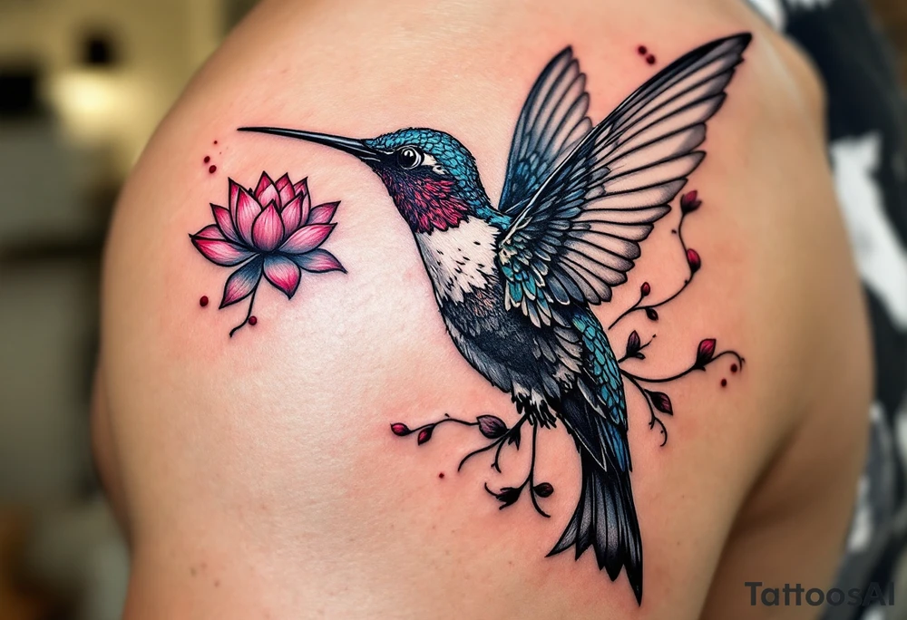 a hummingbird drinking from an egyptian lotus (red and black) tattoo idea