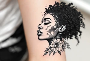 Broken black woman pieced back together surrounded by flowers tattoo idea