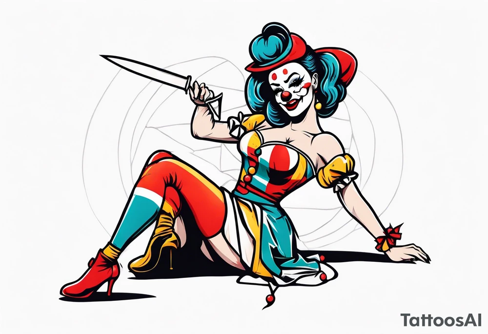 full body female pin up clown holding knife tattoo idea